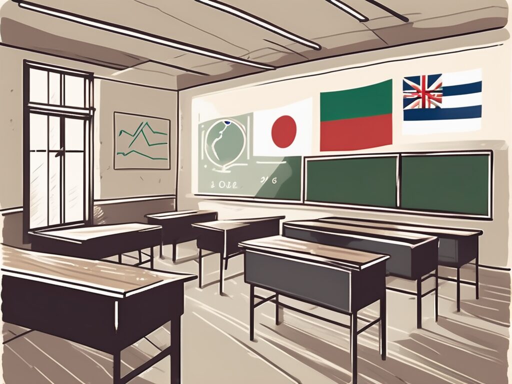 A classroom with various international flags