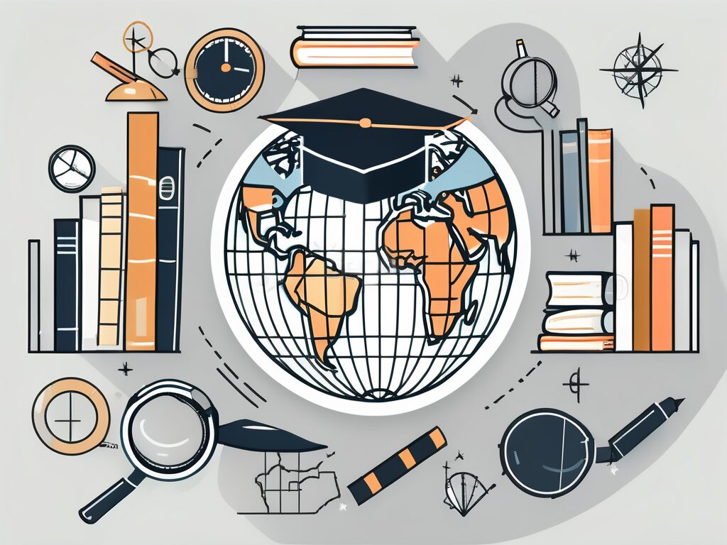 A globe surrounded by educational tools like books