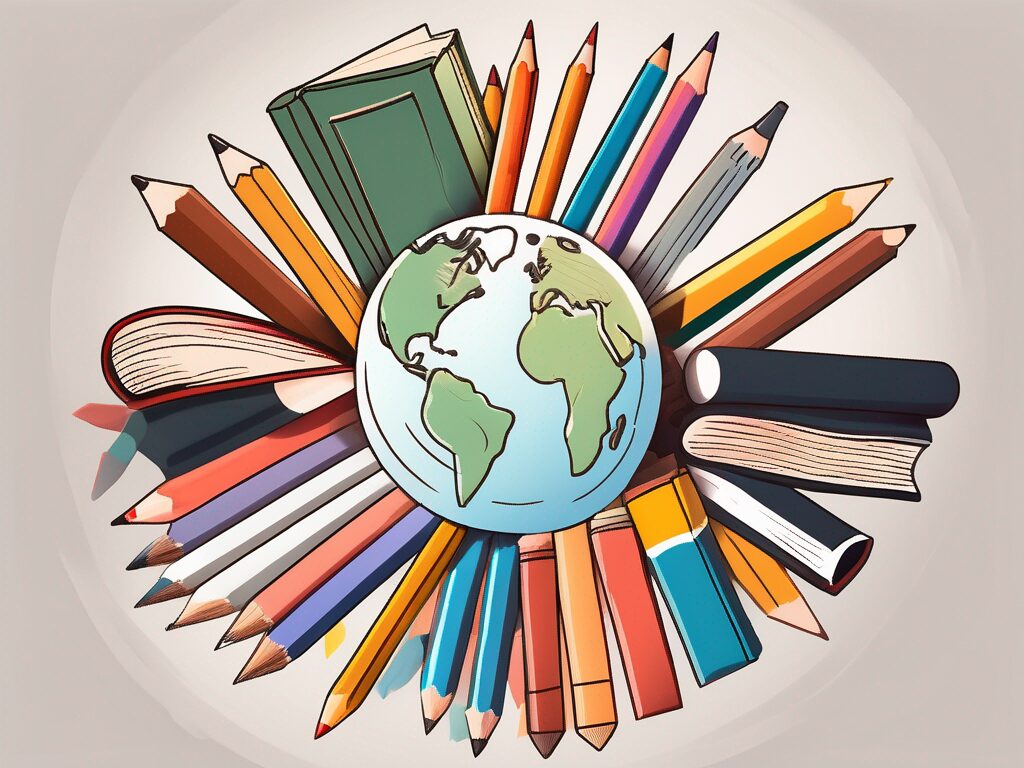 A diverse set of school supplies such as books