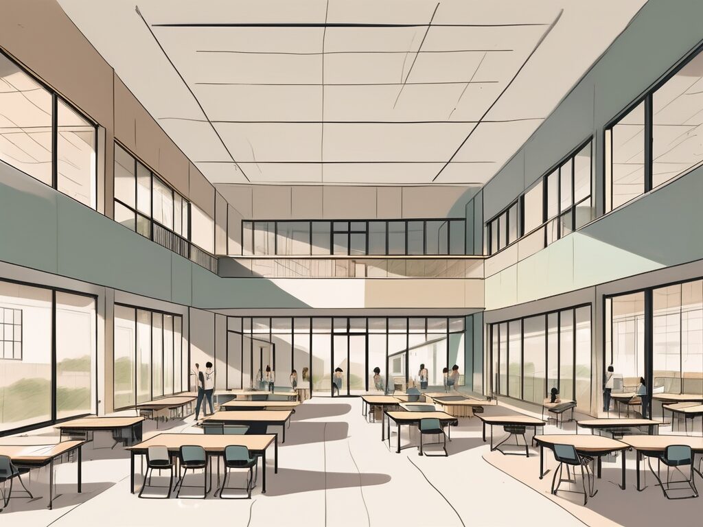 An international school building with multiple classrooms visible through cutaway walls