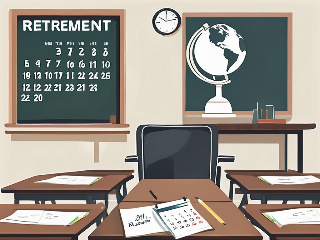 A classroom with an empty teacher's desk and chair