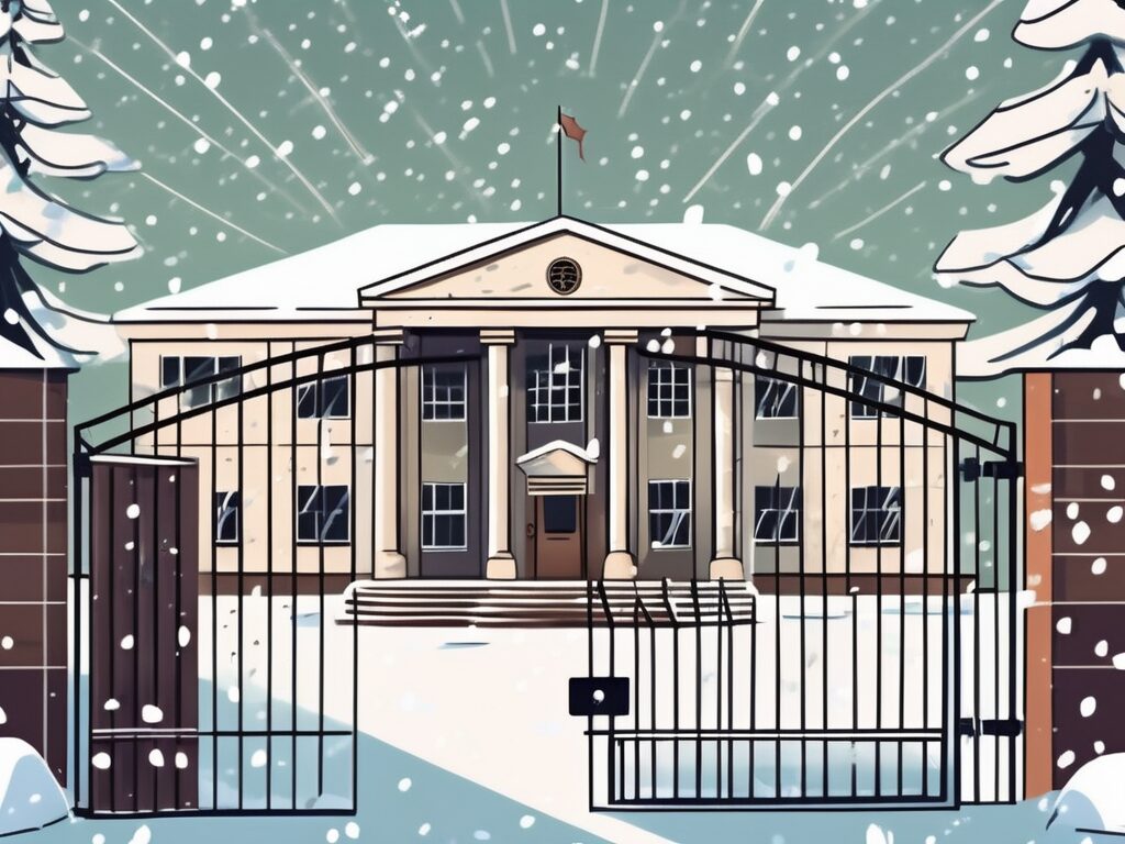 A school building with closed gates