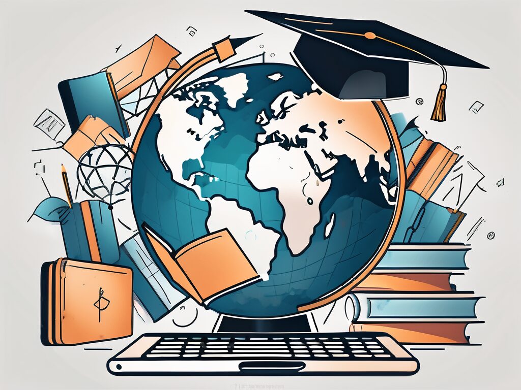A globe with various educational symbols like books