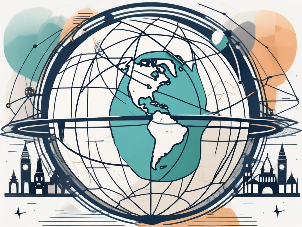 A globe with various iconic landmarks