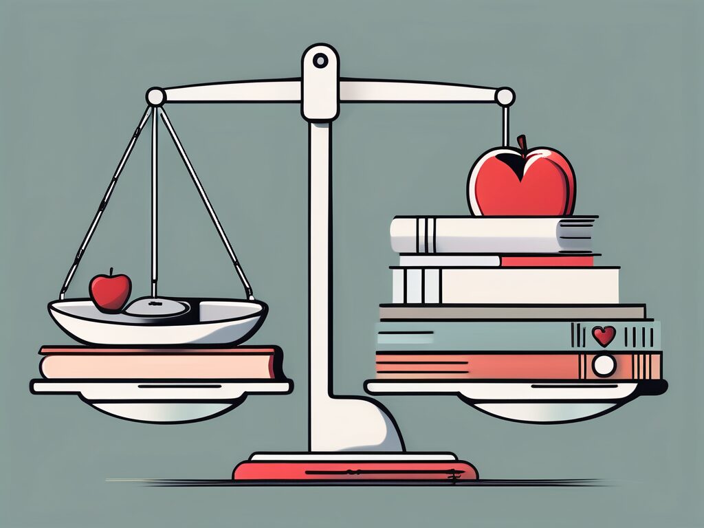 A balanced scale with teaching tools like a laptop