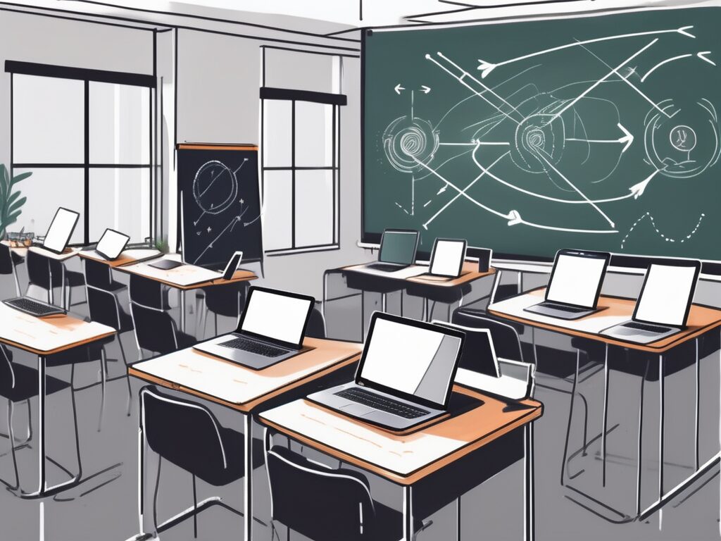 A classroom setting with desks