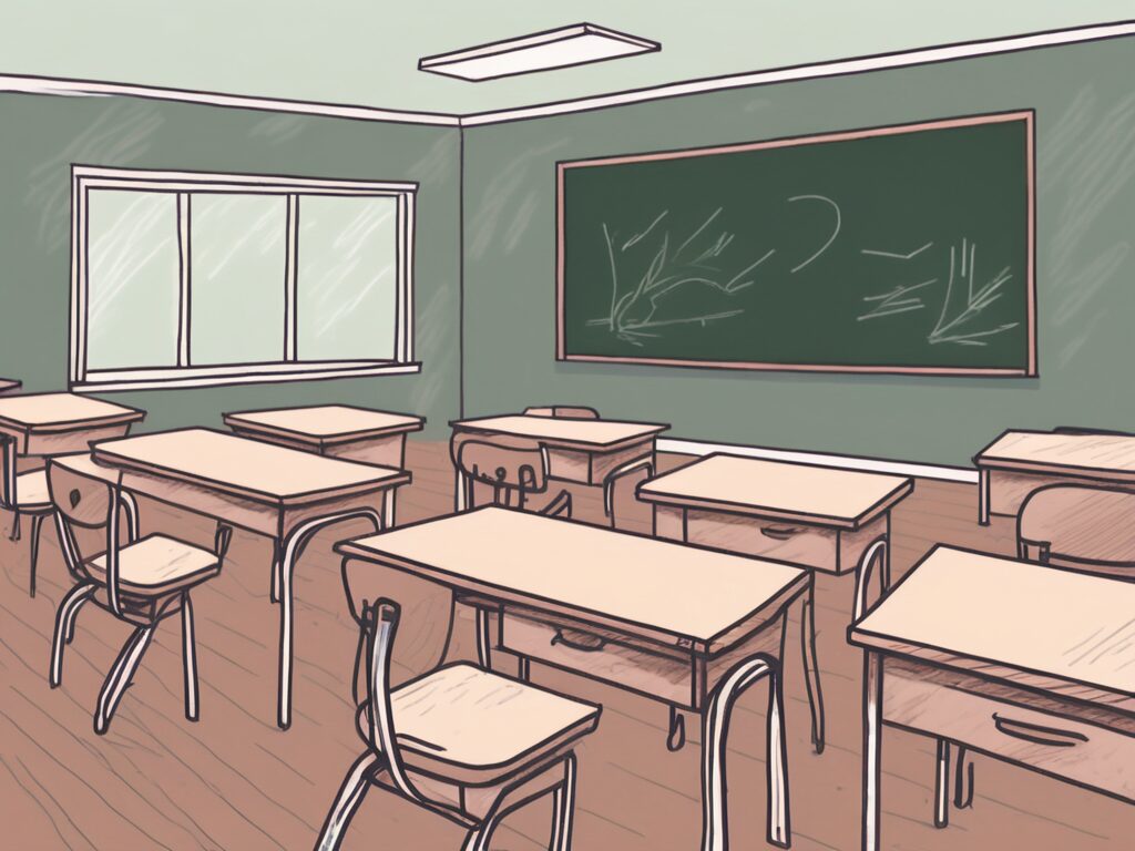 A classroom setting with empty chairs and desks