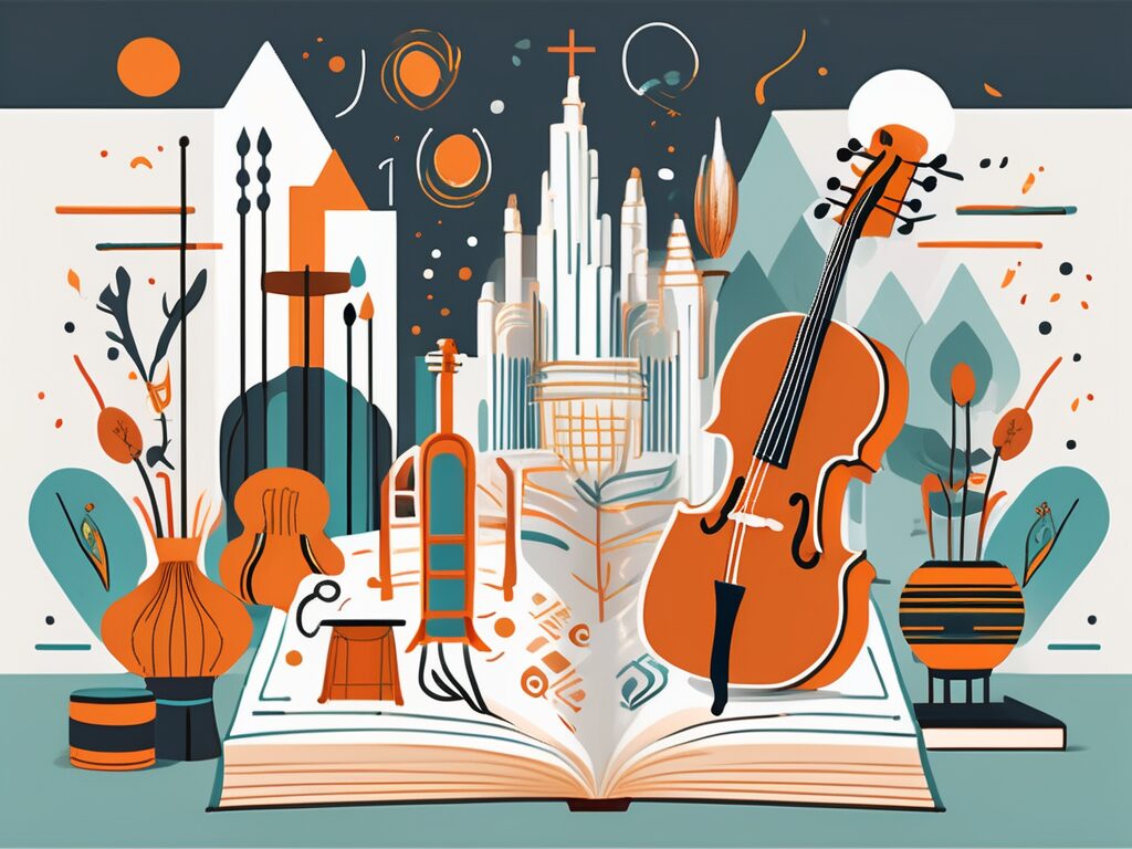 Various cultural symbols and elements like local music instruments