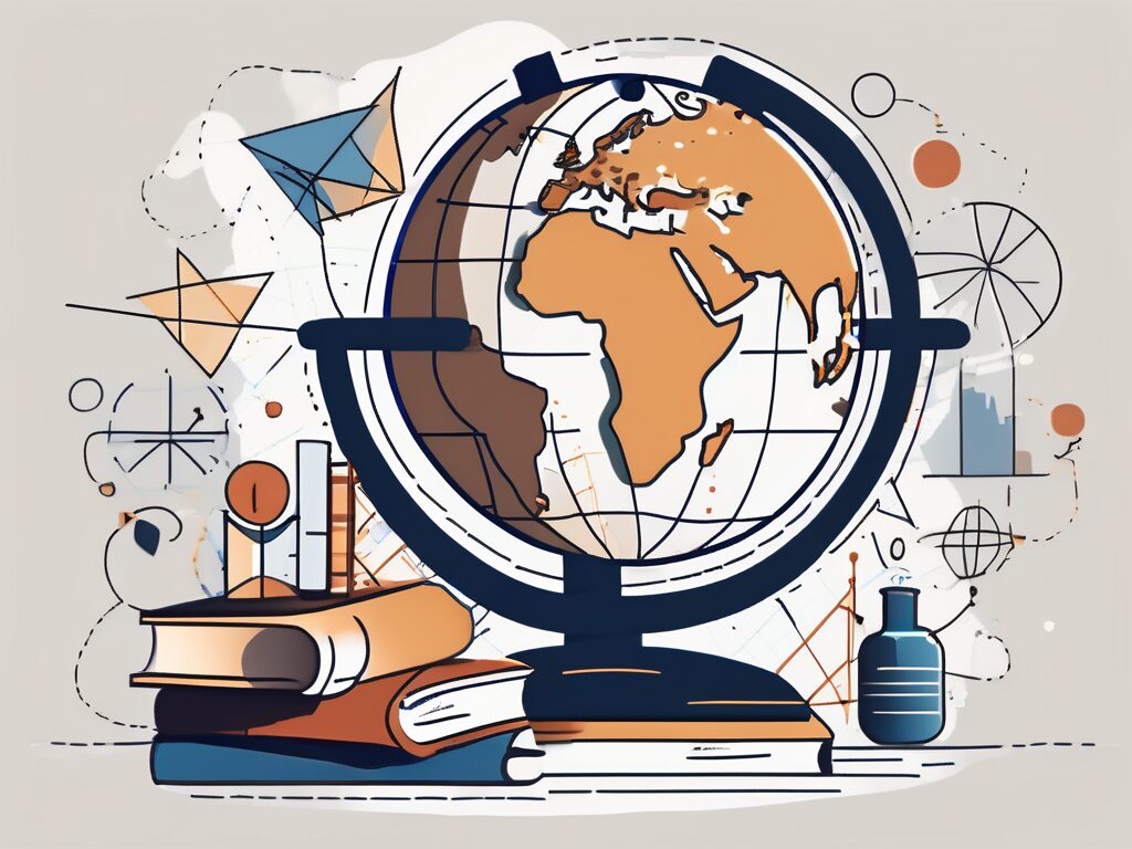 A globe with various educational symbols like books