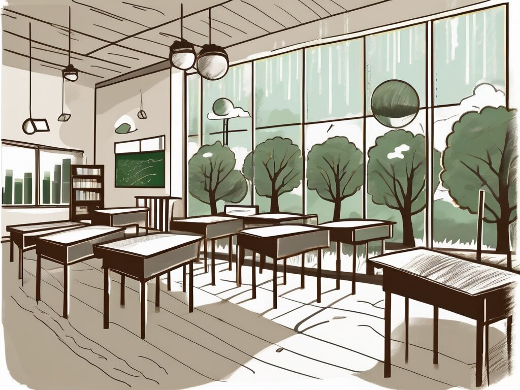 A classroom with large windows showing various environmental elements like trees