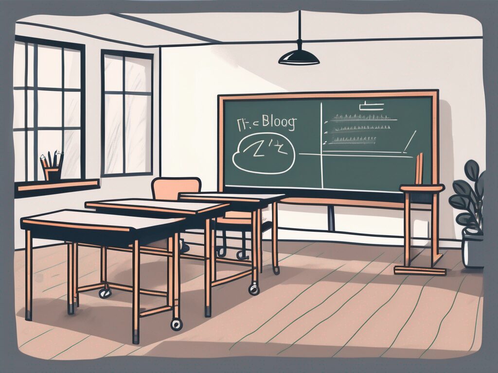 A classroom setting with an empty teacher's desk