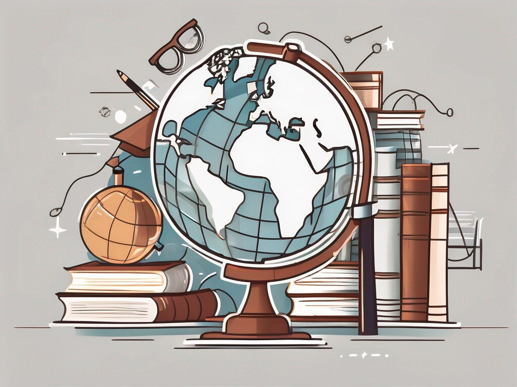 A globe with various educational symbols like books