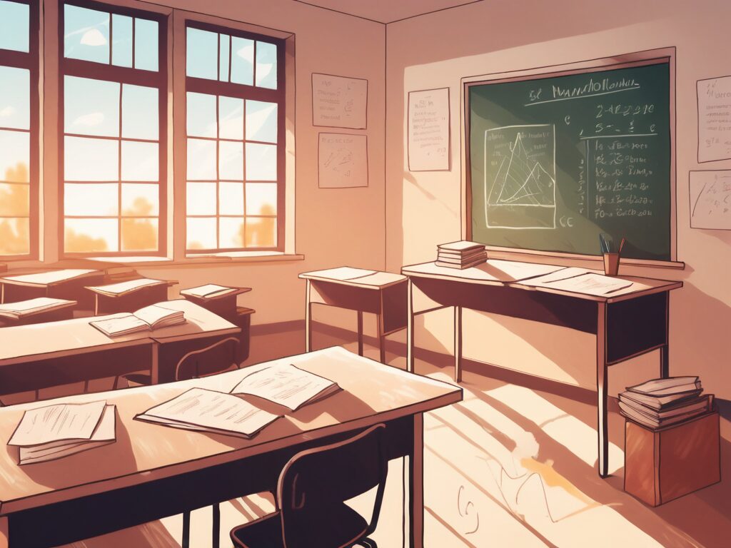 A classroom scene with an empty teacher's desk covered with teaching materials