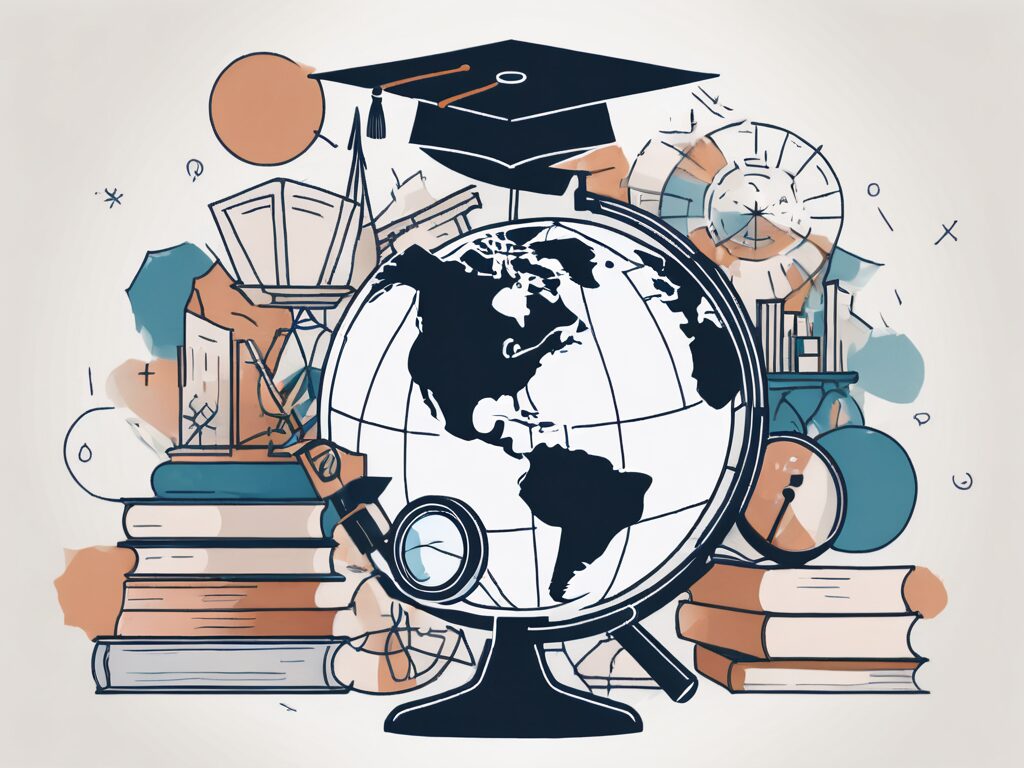 A globe surrounded by various educational symbols like books