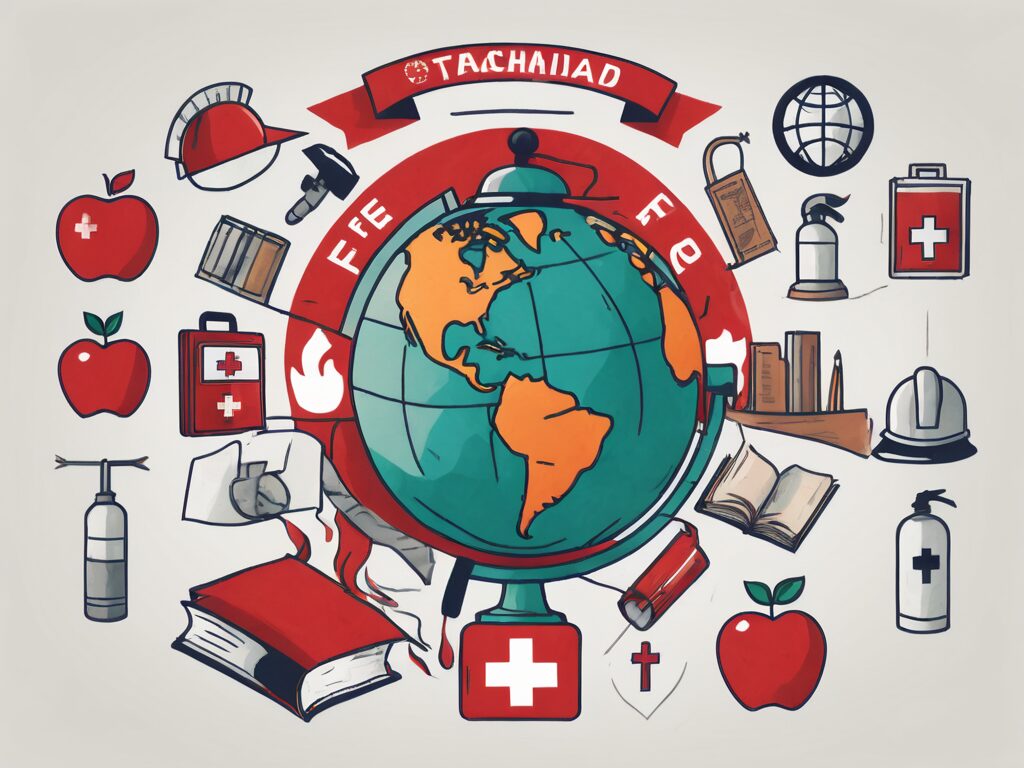 A globe with various school-related symbols such as a graduation cap