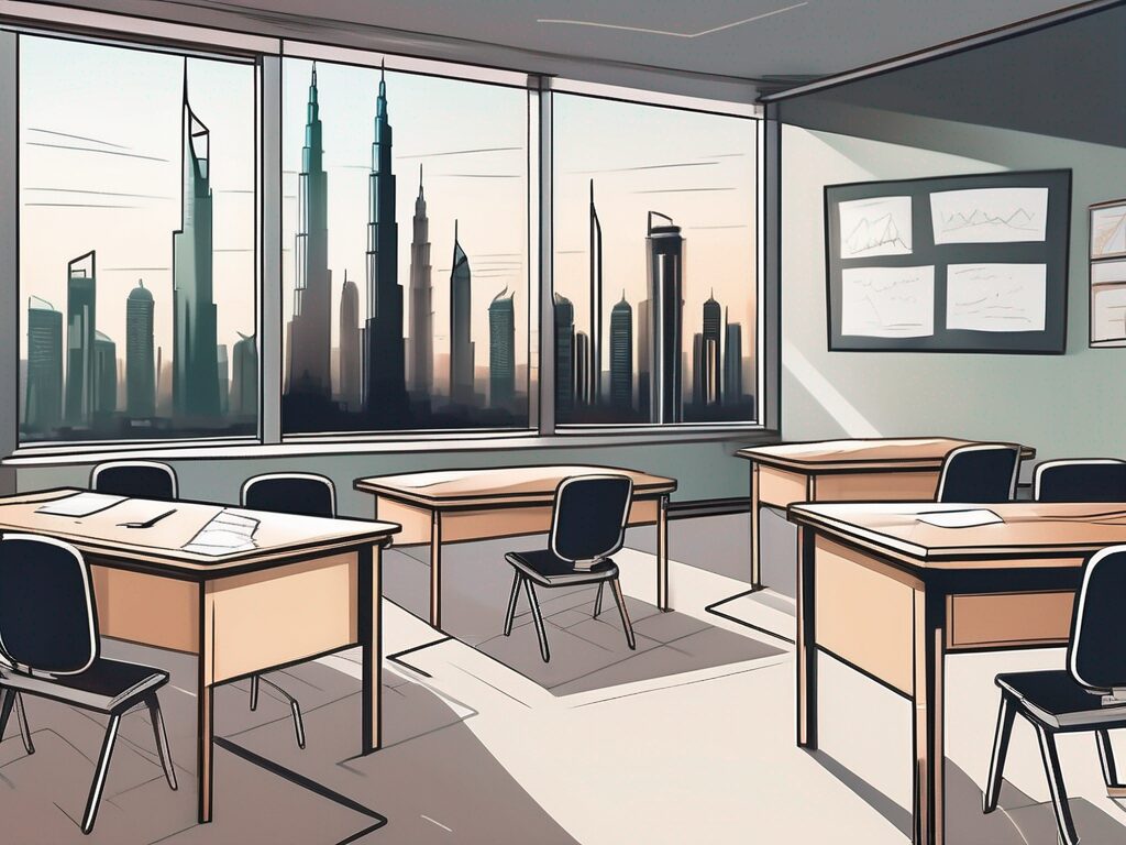 A classroom with empty teacher's desk and chalkboard in a modern dubai skyline setting