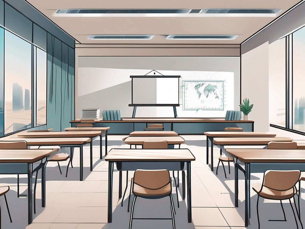 A modern classroom setting in dubai with high-tech teaching tools