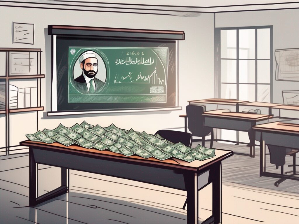 A classroom setting with a teacher's desk filled with uae currency and a chalkboard in the background