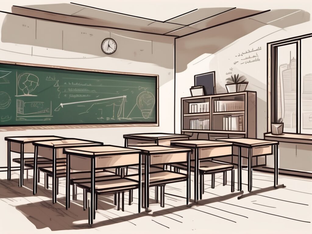 A classroom setting in dubai with symbolic elements like a chalkboard
