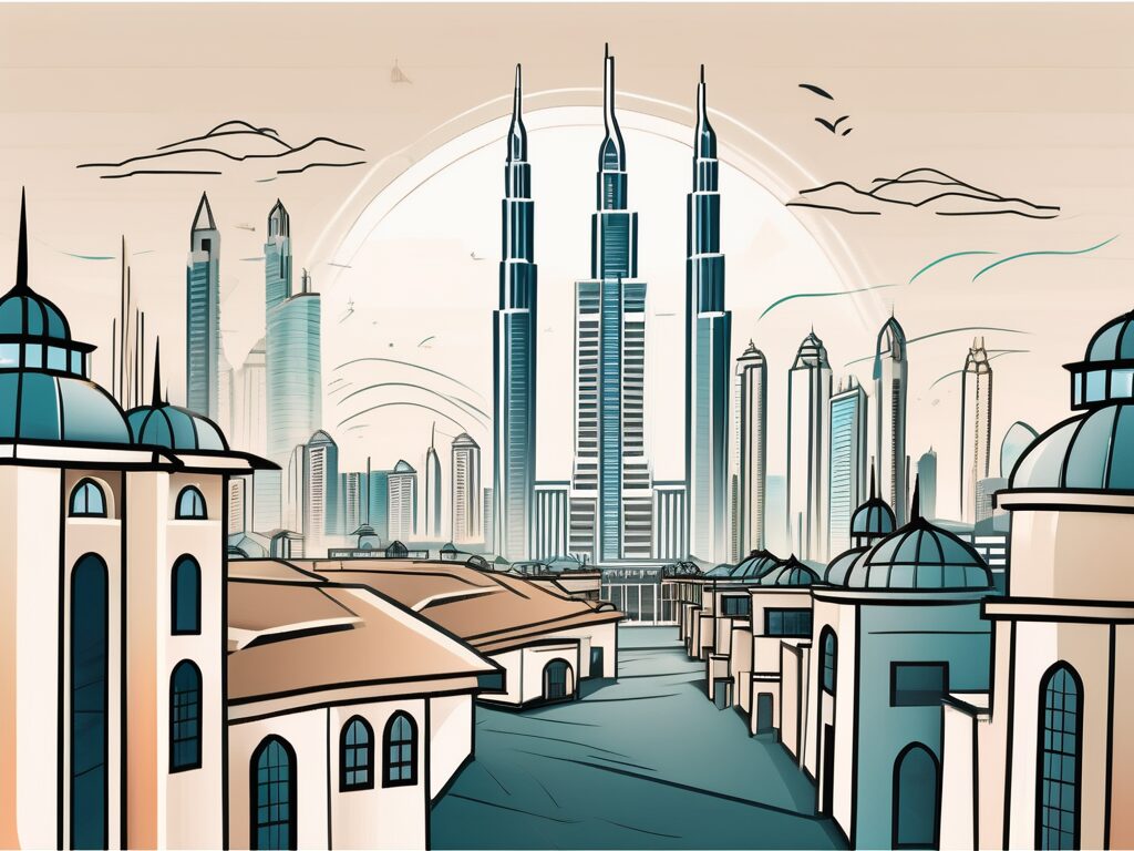 A traditional dubai skyline with a school in the foreground