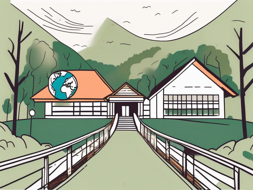 A school building with a globe in the background