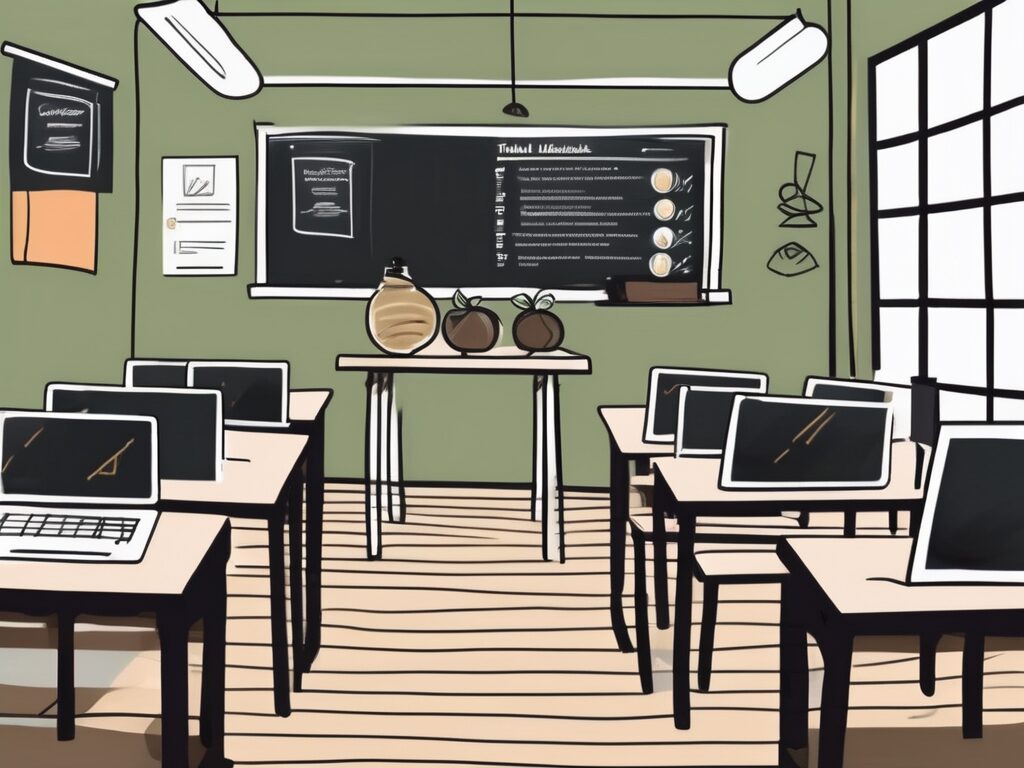 A classroom setting in thailand with a chalkboard