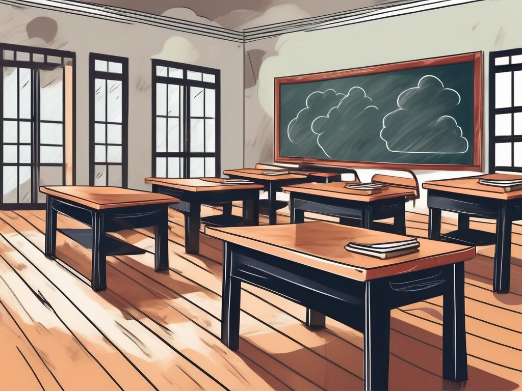 A traditional thai classroom setting with empty chairs and desks