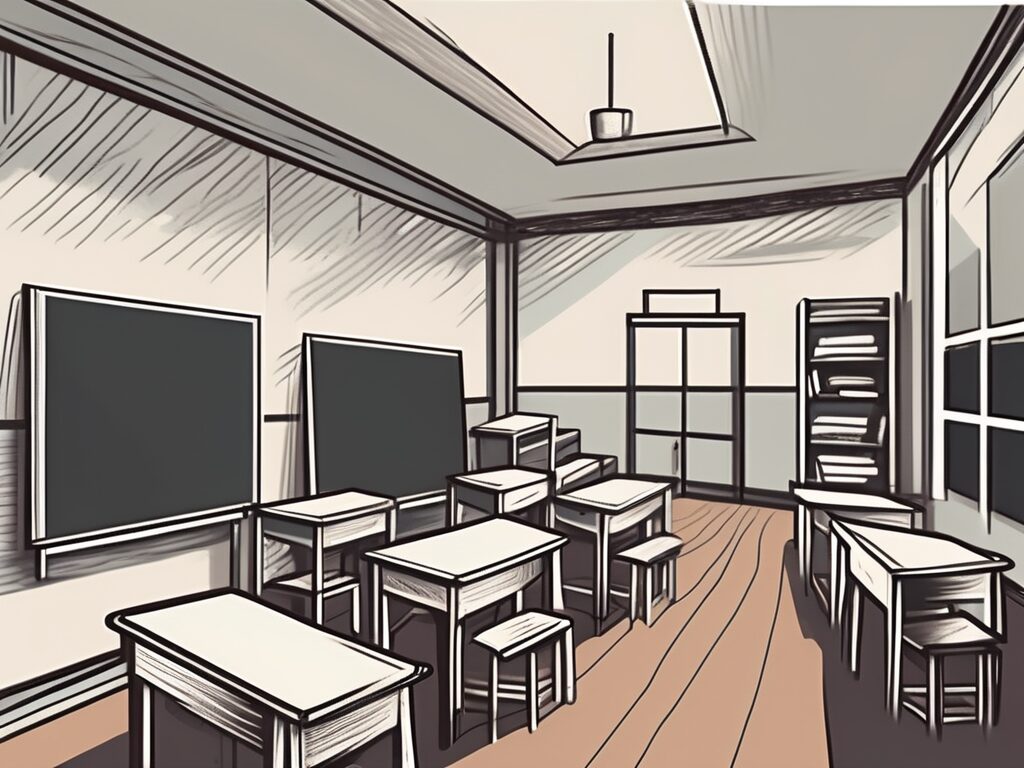 A classroom setting in thailand with a chalkboard