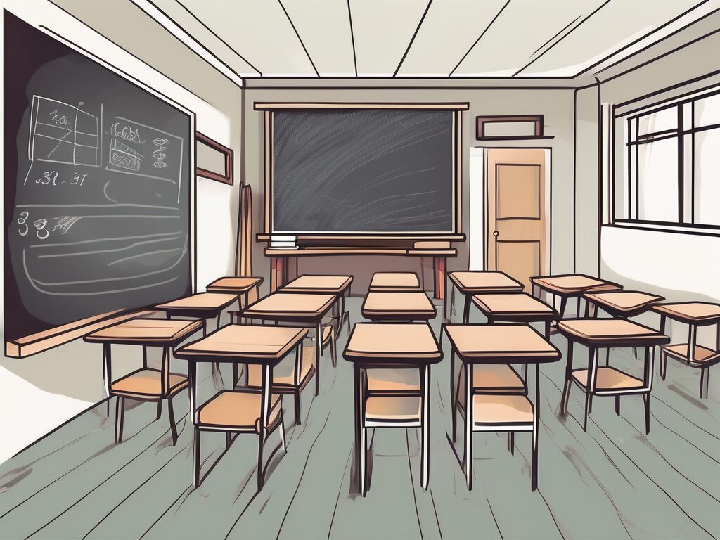 A classroom setting with a chalkboard
