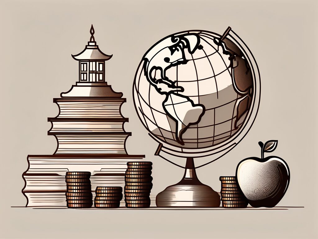A traditional thai schoolhouse with a stack of coins increasing in size