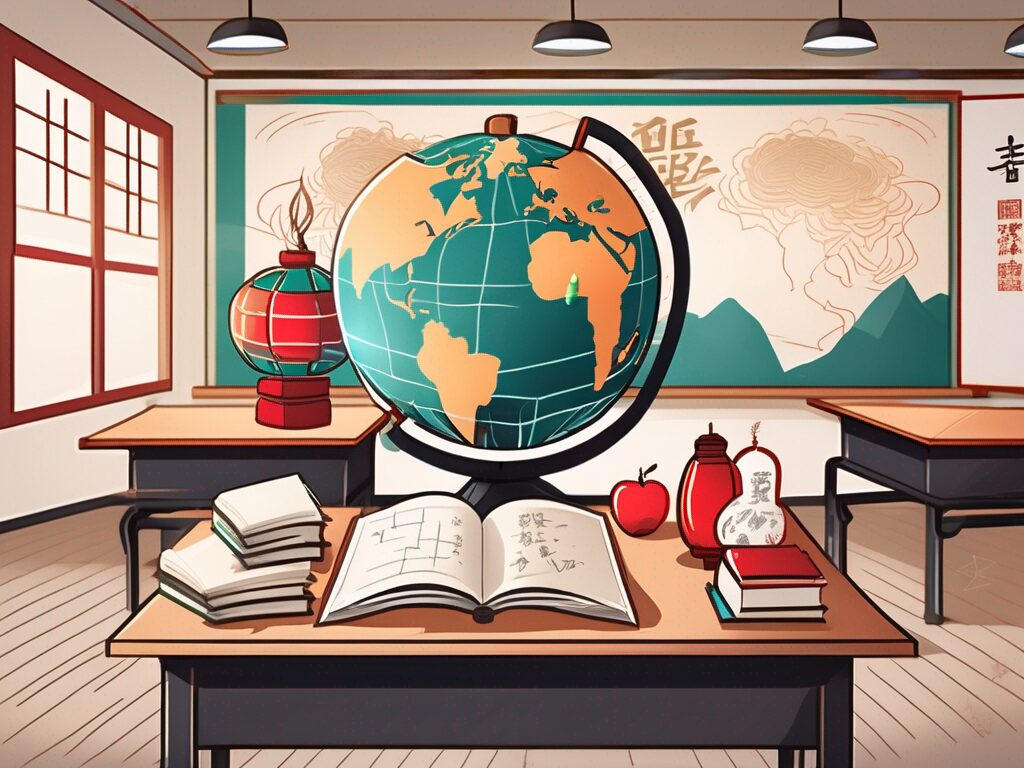A classroom setting with a globe highlighting china