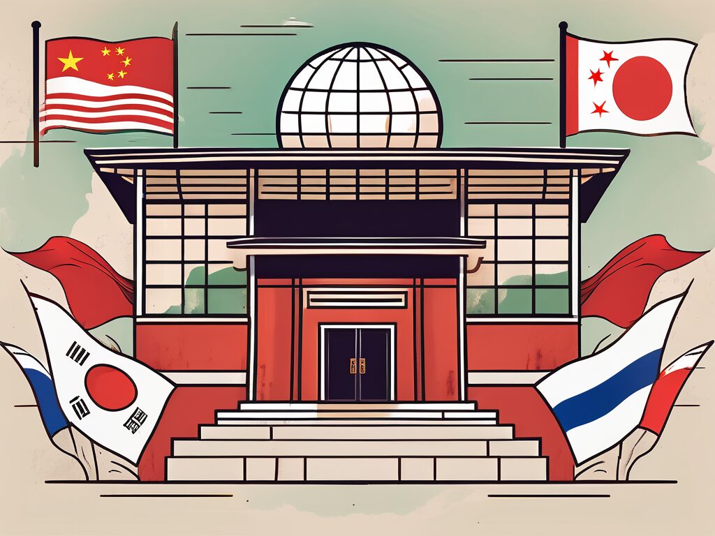 A traditional chinese school building with a globe sitting on top
