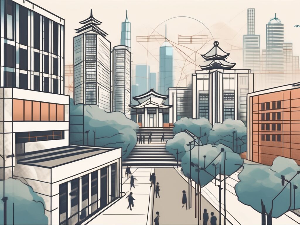 A diverse cluster of school buildings symbolizing international schools