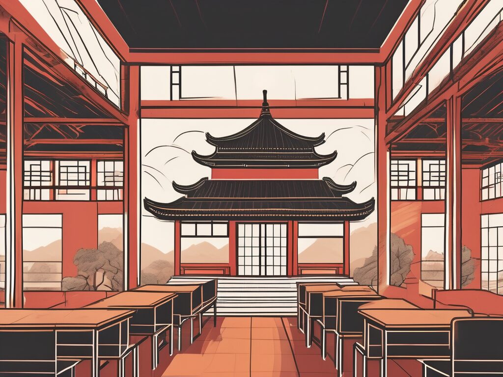 A conference hall filled with various educational tools and symbols