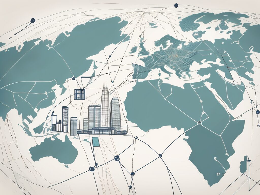 A global map with symbolic school buildings connected by dotted lines