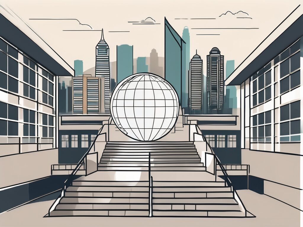 A school building with a hong kong skyline in the background