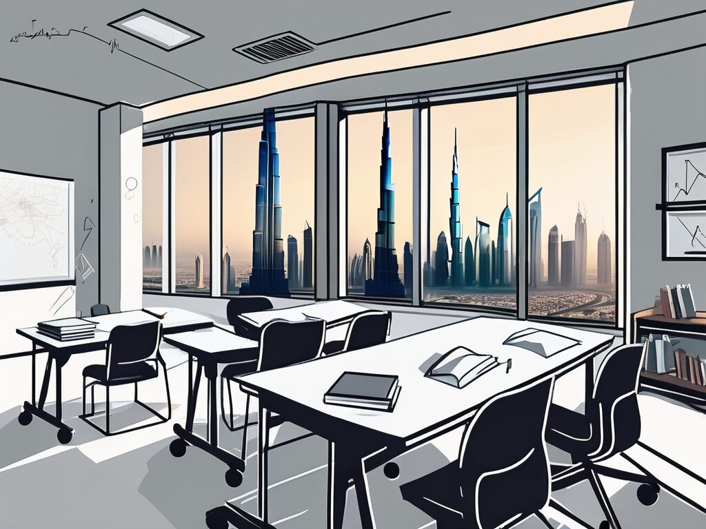 A classroom setting in dubai with a view of the skyline in the background