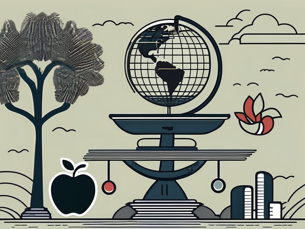 A balanced scale with one side holding typical teaching tools (like a globe