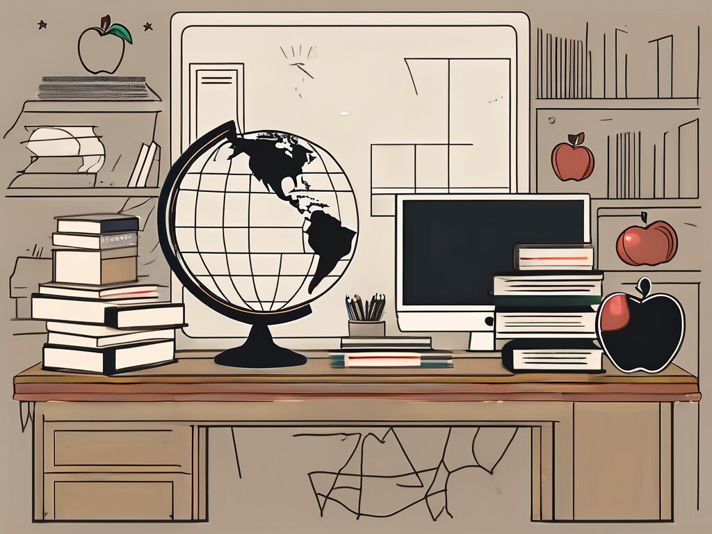 A globe surrounded by various school-related items such as books