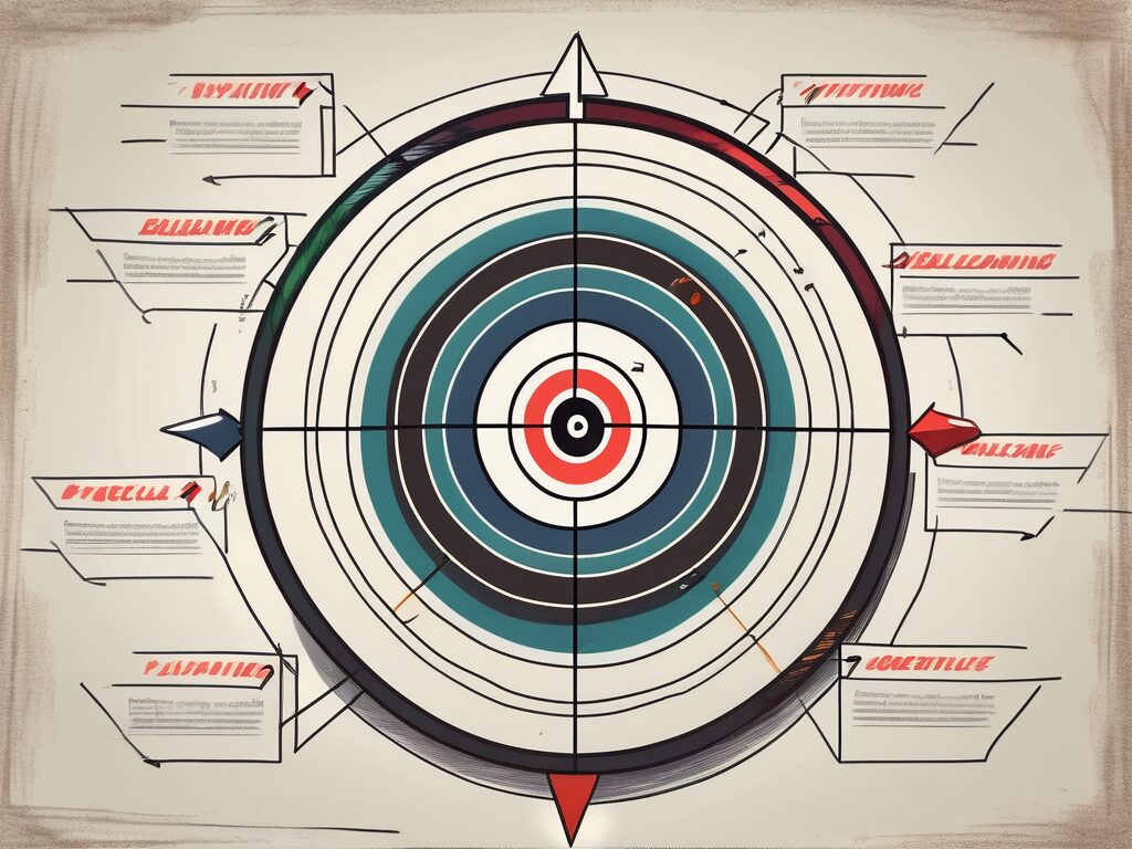 A target board with seven different colored arrows hitting the bullseye