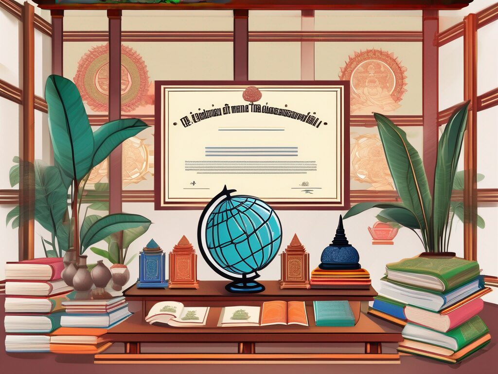 A vibrant thai classroom setting with an ipgce certificate prominently displayed