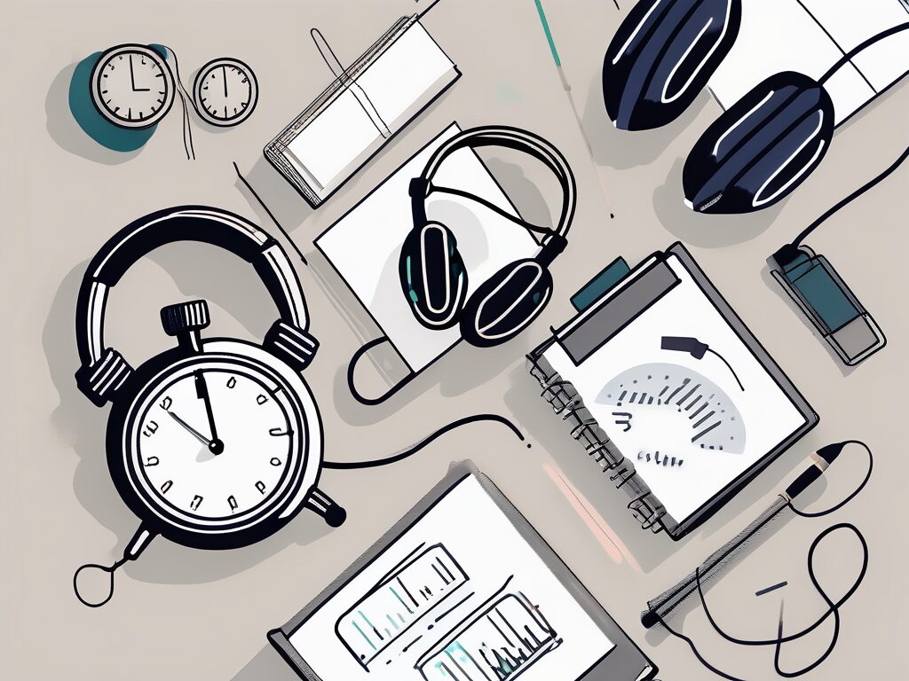 A classroom setting with various coaching tools like headphones