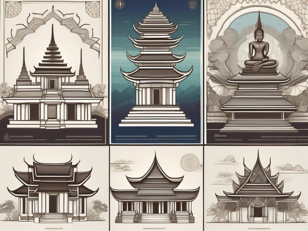 Four distinct sections representing different aspects of thai arts and humanities such as traditional music instruments