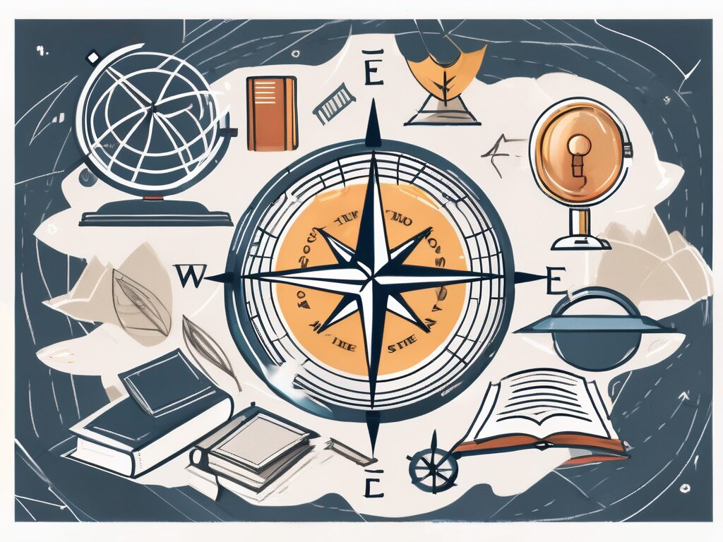 A compass surrounded by various educational symbols like books