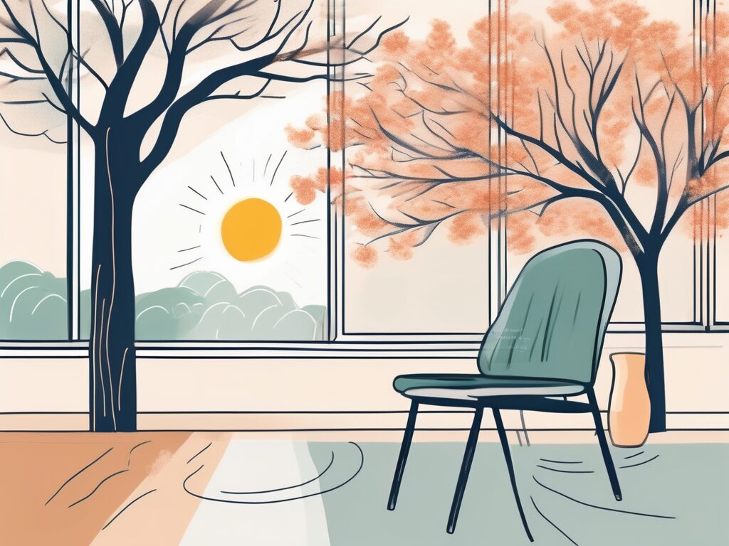 A serene school environment with symbolic elements like a comfortable chair