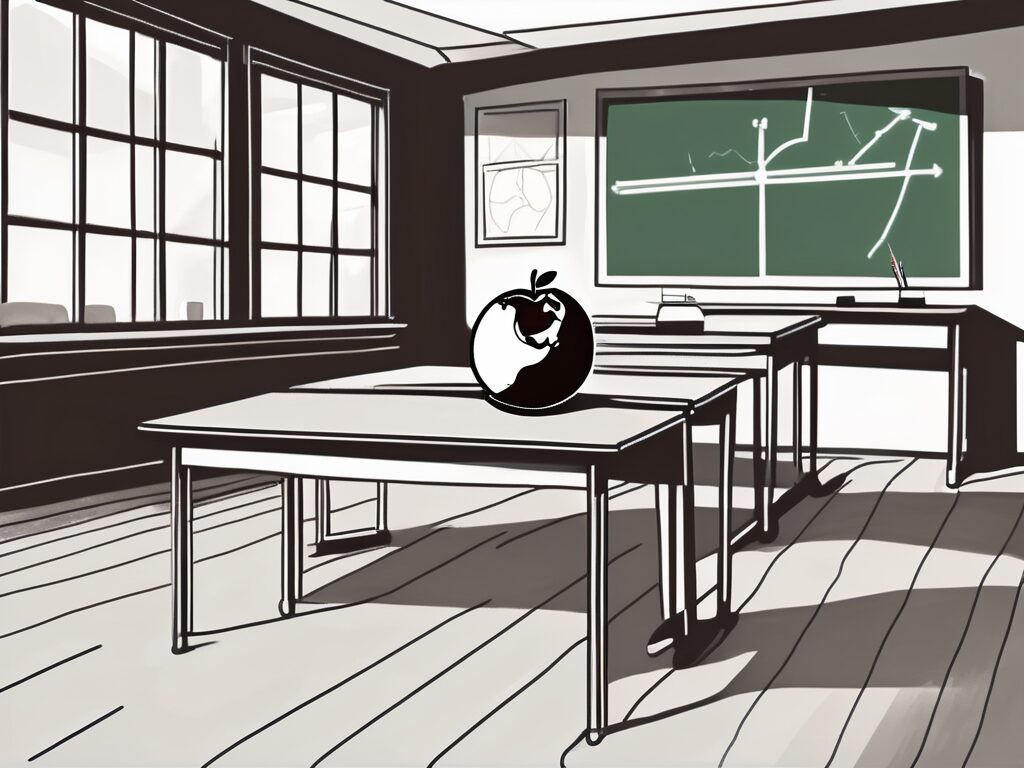 A classroom setting with an empty teacher's desk