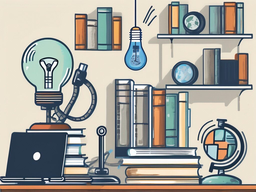 A classroom setting with various educational tools like books