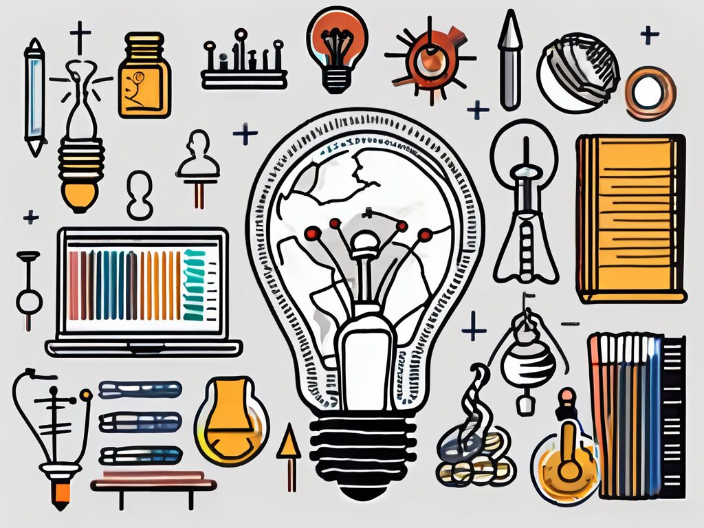 A lightbulb (symbolizing ideas and learning) surrounded by nine different educational tools such as a globe