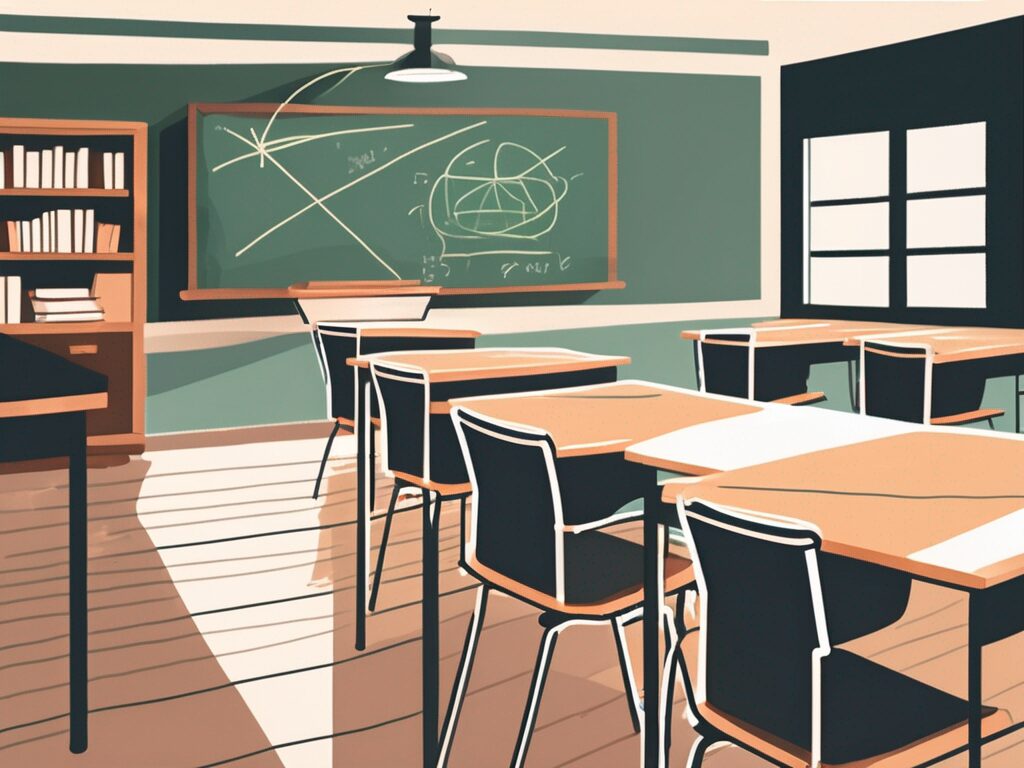A classroom setting with empty chairs and desks