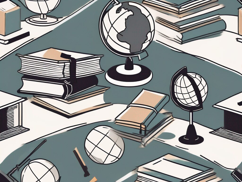 A classroom setting with scattered books